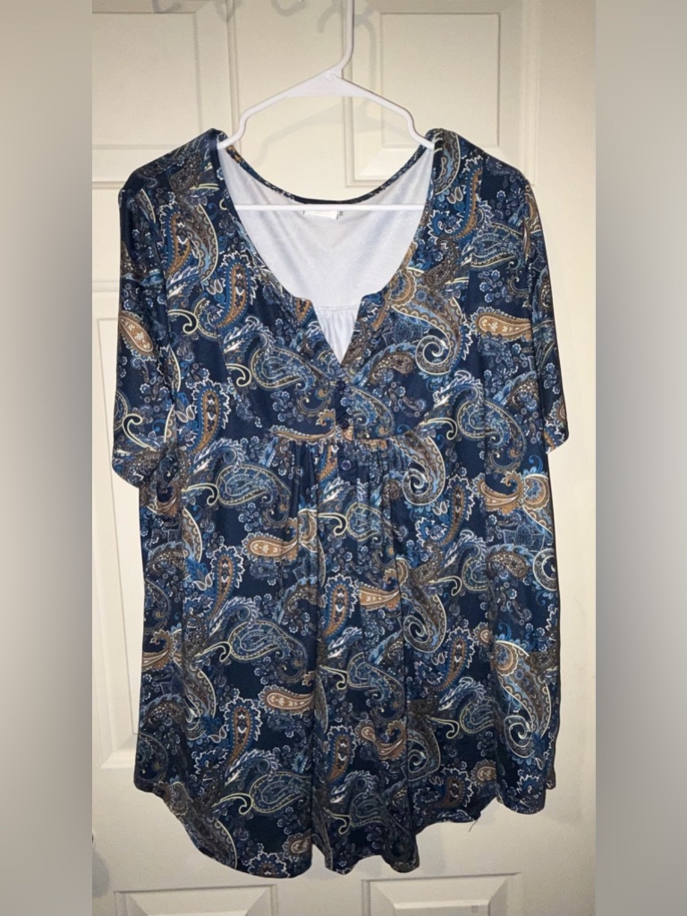 Halife Blue Paisley Button V-Neck Short Sleeve Tunic Blouse Plus 3X